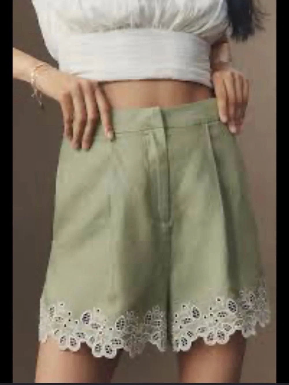 Anthropologie Astr The Label Kiya Green Eyelet-Hem Linen Bermuda Shorts